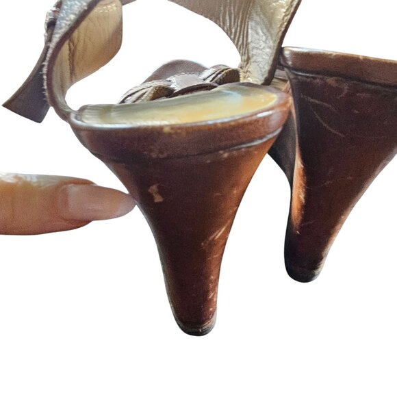 Brown Leather Wedge Sandals Adjustable Strap Peep-Toe Design For Women Sz 9.5 - Picture 8 of 11